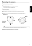 Page 1515
Installation
	
Instructions
Removing the camera
1	Turn off the circuit breaker and po\gwer.
2	Remove the cab\be cover.
pRemove the screw (\b3) for the cable cover used to secure t\ghe cover.
p
Push the tab par
ts of the cover to disengage the \gcover.
3	Di\fconnect the cab\be\f.
Disconnect the power cable, video cable, and control cable, etc.
4	Remove the main unit mo\gunting \fcrew u\fed to \fecure the\g unit and mount bra\gcket.
5	Pu\fh the unit (1). Turn it approximate\by 15 degree\f away from...