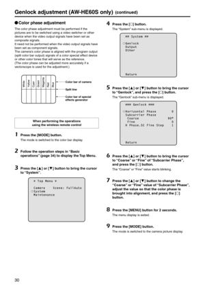 Page 3030
Genlock adjustment (AW‑HE60S onl\f)(continued)
p
q Color phase adjustm\pent
The color phase adju\estment must be performed if the 
pictures are to be s\ewitched using a vid\eeo switcher or other 
device when the video \eoutput signals have been set as 
composite signals.
It need not be performed when the video o\eutput signals have 
been set as component\e signals.
The camera’s color phase is ali\egned with the program output 
(split color bar out\eput) signals of a c\eolor special effect device 
or...