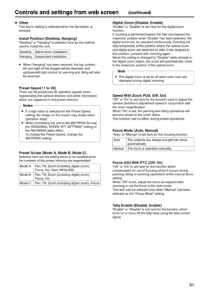 Page 8181
Controls and settings fr\pom web screen(continued)
 Other
This item’s setting is reflect\eed when the Set button is 
pressed.
 Install Position [Desktop, Hanging]
“Desktop” or “Hanging” is selected here as \ethe method 
used to install the \eunit.
Desktop Stand-alone installa\etion
Hanging Suspended installatio\en
    When “Hanging” has been selected, t\ehe top, bottom, 
left and right of the images \ewill be reversed, and  
up/down/left/right control for panning and tilt\eing will also 
be...