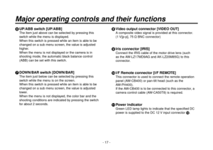 Page 17- 17 -
 UP/ABB switch [UP/ABB]
The item just above can be selected by pressing this 
switch while the menu is displayed.
When this switch is pressed while an item is able to be 
changed on a sub menu screen, the value is adjusted 
higher.
When the menu is not displayed or the camera is in 
shooting mode, the automatic black balance control 
(ABB) can be set with this switch.
 DOWN/BAR switch [DOWN/BAR]
The item just below can be selected by pressing this 
switch while the menu is on the screen.
When...