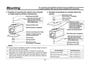 Page 22- 22 -
  Example of mounting the camera onto a bracket 
or tripod made by another manufacturer
Mounting spacer (supplied)
Camera mounting screw holes Mounting screw (M4)
Drop-prevention wire
Mounting screws
(Inch screws: 1/4-20UNC) Bracket or tripod made by 
another manufacturer
Flat washers
Spring washers
Hitch the end of the wire 
onto the anchor bolt by 
tightening the nut or screw 
or by using a hook.
Notes
   Ensure that the installation location is strong enough to bear at 
least five times the...