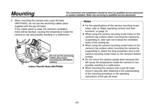 Page 23- 23 -
3.  When mounting the camera onto a pan-tilt head 
(AW-PH400), do not use the anchoring rubber piece 
supplied with the pan-tilt head.
If this rubber piece is used, the camera’s ventilation 
holes will be blocked, causing the temperature inside the 
camera to rise and possibly resulting in a malfunction.
Do not use the anchoring 
rubber piece when 
mounting the AW-HE870 
camera.
Indoor Pan/tilt Head AW-PH400
  For the specifications of the camera mounting screw 
holes, refer to “Major operating...