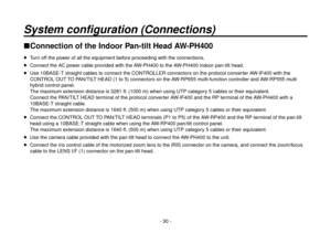 Page 30- 30 -
System configuration (Connections)
Connection of the Indoor Pan-tilt Head AW-PH400
  Turn off the power of all the equipment before proceeding with the connections.
  Connect the AC power cable provided with the AW-PH400 to the AW-PH400 indoor pan-tilt head.
  Use 10BASE-T straight cables to connect the CONTROLLER connectors on the protocol converter AW-IF400 with the 
CONTROL OUT TO PAN/TILT HEAD (1 to 5) connectors on the AW-RP655 multi-function controller and AW-RP555 multi 
hybrid control...