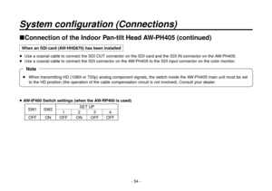 Page 34- 34 -
Connection of the Indoor Pan-tilt Head AW-PH405 (continued)
When an SDI card (AW-HHD870) has been installed
  Use a coaxial cable to connect the SDI OUT connector on the SDI card and the SDI IN conne\
ctor on the AW-PH405.
  Use a coaxial cable to connect the SDI connector on the AW-PH405 to the SDI input connector on the color monitor.
   When transmitting HD (1080i or 720p) analog component signals, the switch inside the AW-PH405 main unit must be set 
to the HD position (the operation of...