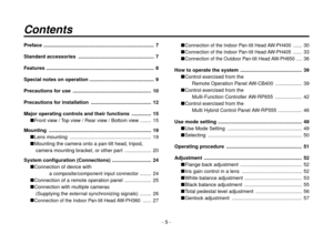 Page 5- 5 -
Contents
Preface  ........................................................................\
.......  7
Standard accessories  ......................................................  7
Features   ........................................................................\
.....  8
Special notes on operation   ..............................................  9
Precautions for use  ........................................................  10
Precautions for installation...