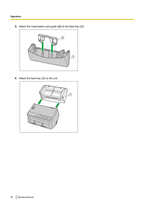 Page 363.Attach the mixed batch card guide ( B) to the feed tray ( A).
4. Attach the feed tray ( A) to the unit.
36Operating Manual
Operation1
2 1  