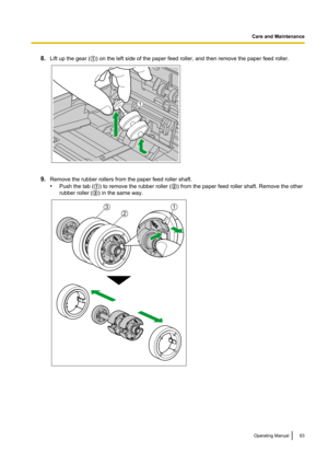 Page 638.Lift up the gear ( A) on the left side of the paper feed roller, and then remove the paper feed roller.
9. Remove the rubber rollers from the paper feed roller shaft.
• Push the tab ( A) to remove the rubber roller ( B) from the paper feed roller shaft. Remove the other
rubber roller ( C) in the same way.
Operating Manual63
Care and Maintenance1 2
31  