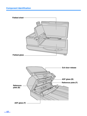 Page 12Component Identification
12
Flatbed sheet
Flatbed glass
Exit door release
ADF glass (B)
Reference plate (F)
Reference 
plate (B)
ADF glass (F) 