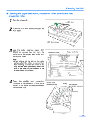 Page 33Cleaning the Unit33
∫Cleaning the paper feed roller, separation roller, and double feed 
prevention roller
1Turn the power off.
2Push the ADF door release to open the
ADF door.
3Use the roller cleaning paper (KV-
SS03) to remove t he dirt from the
surfaces of the paper feed roller and
separation roller.
Note:
≥ When wiping off the dirt on the roller
surfaces, hold the rollers to prevent them
from rotating, and wipe the roller all the
way around them proceeding from one
end to the other in the direction...