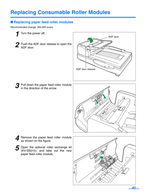 Page 4141
Replacing Consumable Roller Modules
∫Replacing paper feed roller modules
Recommended change: 300,000 scans
1Turn the power off.
2Push the ADF door release to open the
ADF door.
3Pull down the paper feed roller module
in the direction of the arrow.
4Remove the paper f eed roller module
as shown on the figure.
5Open the optional roller exchange kit
(KV-SS015), and take out the new
paper feed roller module.
ADF door
ADF door release 