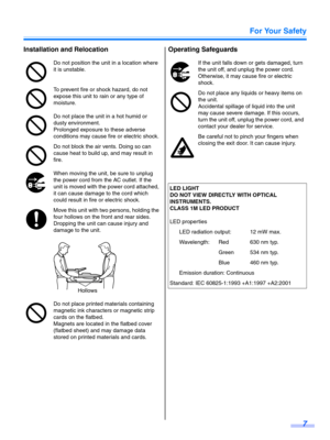 Page 7For Your Safety7
Installation and Relocation Operating Safeguards
Do not position the unit in a location where 
it is unstable.
To prevent fire or shock hazard, do not 
expose this unit to rain or any type of 
moisture.
Do not place the unit in a hot humid or 
dusty environment.
Prolonged exposure to these adverse 
conditions may cause fire or electric shock.
Do not block the air vents. Doing so can 
cause heat to build up, and may result in 
fire.
When moving the unit, be sure to unplug 
the power cord...