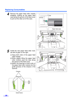 Page 28Replacing Consumables
28
4Remove the paper feed roller module
straightly, holding up the paper feed
case along the groove of the feed cover
to pull out the claw out of the case.
5Install the new paper feed roller mod-
ule with its gear on the right.
1Hang both ends of the paper feed
roller module.
2While slightly lifting the paper feed
roller module, pass the claw along
the groove of the feed cover.
3Attach the bearings at both ends of
the paper feed roller module into the
guide grooves of the chassis in...