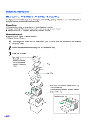 Page 34Repacking Instructions
34
∫KV-S2045C / KV-S2045CU / KV-S2046C / KV-S2046CU
It is highly recommended that you keep the original carton and ALL packing materials. If you need to transport or
ship your scanner, please follow these instructions.
Please Note:
≥Please use the original carton and all of the original packing materials.
≥Improper repacking of the scanner may result in a service charge to repair the unit.
≥The scanner should be handled in the correct (horizontal) position.
Materials Required:...