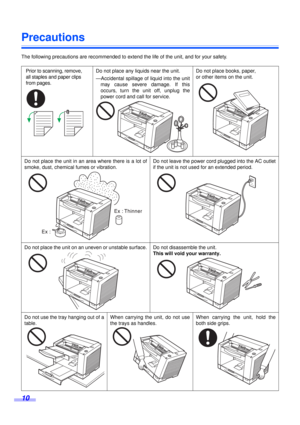 Page 1010
Precautions
The following precautions are recommended to extend the life of the unit, and for your safety.
Prior to scanning, remove, 
all staples and paper clips 
from pages.Do not place any liquids near the unit.
—Accidental spillage of liquid into the unit
may cause severe damage. If this
occurs, turn the unit off, unplug the
power cord and call for service.Do not place books, paper, 
or other items on the unit.
Do not place the unit in an area where there is a lot of
smoke, dust, chemical fumes or...