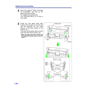 Page 4242
Replacing Consumables
4Open the optional “Roller Exchange
Kit (KV-SS009)”, and take out the
paper feed roller module.
For supplies and accessories: 
Call 1-800-346-4768 (U. S. A. only) or
your dealer.
5Install the new paper feed roller
module with the gear on the left side
and the bearings into the guide
grooves of the side chassis in the
scanner. (1)
Then push up the green levers on both
ends until they click into place. (2)
•
Match the paper feed roller module with
the bearings and guide grooves,...