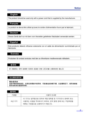 Page 7 
7 
Notice 
English 
The product should be used only with a power cord that is supplied by the manufacturer. 
 
 
Deutsch 
Dieses GerŠt darf nur mit dem vom Hersteller gelieferten Netzkabel verwendet werden. 
Espa–ol 
Este producto deber‡ utilizarse solamente con el cable de alimentaci—n suministrado por el
fabricante. 
Svenska 