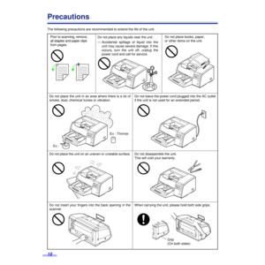 Page 1010
Precautions
The following precautions are recommended to extend the life of the unit.
Prior to scanning, remove, 
all staples and paper clips 
from pages.Do not place books, paper, 
or other items on the unit.
Do not place the unit in an area where there is a lot of
smoke, dust, chemical fumes or vibration.Do not leave the power cord plugged into the AC outlet
if the unit is not used for an extended period.
Do not place the unit on an uneven or unstable surface. Do not disassemble the unit.
This will...