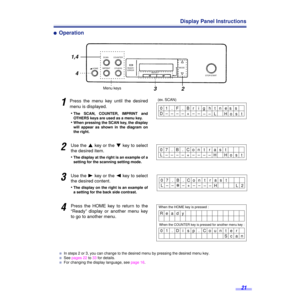 Page 2121
Display Panel Instructions
´Operation
1Press the menu key until the desired
menu is displayed. 
•
The SCAN, COUNTER, IMPRINT and
OTHERS keys are used as a menu key.
•When pressing the SCAN key, the display
will appear as shown in the diagram on
the right.
2Use the 3 key or the 4 key to select
the desired item.
•
The display at the right is an example of a
setting for the scanning setting mode.
3Use the 1 key or the 2 key to select
the desired content.
•
The display on the right is an example of
a...