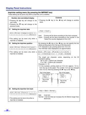 Page 28 
28 
Display Panel Instructions 
Imprinter setting menu (by pressing the IMPRINT key) 
These setting can be done only when a imprinter unit is installed. 
. 
Number, item and default display 
• 
Pressing the  
3
 
 key will change to the
next mode. 
• 
Pressing the  
4
 
 key will change to the
previous mode. 
Contents 
• 
Pressing the  
1
 
 key or the  
2
 
 key will change to another
value.  
01    Setting the imprinter data 
• 
This setting can be done only when a
imprinter is installed.Host :...