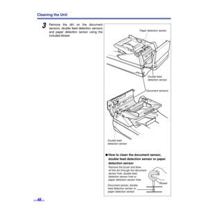 Page 4848
Cleaning the Unit
3Remove the dirt on the document
sensors, double feed detection sensors
and paper detection sensor using the
included blower.
 
BlowerDocument sensor, double
feed detection sensor or
paper detection sensor
´´ ´ ´How to clean the document sensor, 
double feed detection sensor or paper 
detection sensor
Remove the brush and blow
off the dirt through the document 
sensor hole, double feed 
detection sensor hole or 
paper detection sensor hole.
Double feed 
detection sensor
Document...
