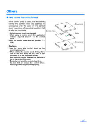 Page 2121
Others
∫How to use the control sheet
If the control sheet is used, the documents
behind the control sheet are scanned in
accordance with the code on the control
sheet regardless of scanning condition that
is selected previously.
≥Multiple control sheets can be used.
≥When using a control sheet, the application
software required depends on the control
sheet.
≥Print out control sheets from the provided CD-
ROM.
Cautions:
≥Use the same size control sheet as the
scanning document.
≥When printing the...