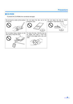 Page 9Precautions
9
∫CD-ROM
To prevent the CD-ROMs from accidental damages:
Do not touch or write on the surface
of the disc.Do not leave the disc out of its
protective case.Do not leave the disc in direct
sunlight or near heat sources.
Do not place heavy objects on the
disc case or drop the case.To clean the disc, hold the disc by
its edges and wipe it from the
center to the edges with a dry, soft
cloth. 