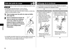 Page 3030
Français
Tailledespoilsducorps
Taillez	les	aisselles	et	la	ligne	du	bikini	avec	le	peigne	pour	poils	du	corps.	ER-GB80•	La	hauteur	de	coupe	est	d’environ	1,5	mm	(1/16	po).•	Ne	pas	utiliser	lorsque	les	poils	du	corps	sont	humides.	
Les 	 poils 	 humides 	 du 	 corps 	 risquent 	 de 	 coller 	 à 	 la 	 peau 	 ou 	 de 	 faire 	 des 	
touf

fes, 	 les 	 rendant 	 difficile 	 à 	 couper.
1
1Fixezlepeignepourlespoilsducorpsauboîtier�
(V

oir  page...