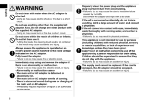 Page 66
EnglishWARNING
Donot\fleanwithwaterwhentheACadaptorisatta\fhed\b
-	Doing so may cause electric shock or fire \fue to a s\lhort 
circuit.
DonotuseanythingotherthanthesuppliedACadaptor
\b Also, do  not  \fharge  any  other  produ\ft  with 
the

 supplied  AC  adaptor\b
-	Doing so may cause burn or fire \fue to sho\lrt circuit....
