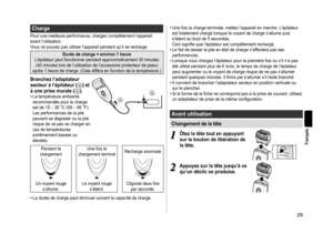 Page 2929
Français
Charge
Pour	une	meilleure	performance,	chargez	complètement	l’appareil	avant	 l’utilisation.
Vous
	 ne 	 pouvez 	 pas 	 utiliser 	 l’appareil 	 pendant 	 qu’il 	 se 	 recharge.
Duréedecharge=environ1heure
L
’épilateur
	
peut 	 fonctionner 	 pendant 	 approximativement 	 30 	 minutes 	
(40

	
minutes
	
lors 	 de 	 l’utilisation 	 de 	 l’accessoire 	 protecteur 	 de 	 peau) 	
après

	
1
	
heure
	
de 	 charge. 	 (Cela 	 diffère 	 en 	 fonction 	 de 	 la 	 température.)...