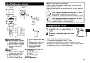 Page 2323
 Français
Identificationdespièces
AvantArrière




 











 

ACouvercle
 de  protectionBSectiondelagrilledeprotection1	Cadre	de	la	grille	de	protection2	Grille	de	protection	du	système3	 Boutons	de	déverrouillage	de	la
	 grille 	 de 	 protection 	 du 	
systèmeCLames intérieuresDBoîtier4	 Boutons	de	déverrouillage	du	cadre
	 de 	 grille 	 de 	 protection
5	 Sélecteur	d’action	à 	 pivot6	 Bague	de	verrouillage7...