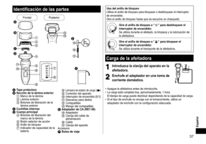 Page 3737
Español
Identificacióndelaspartes
FrontalPosterior




 











 

ATapa
 protectoraBSección  de  la  lámina  exterior1	 Marco	de	la	lámina2	 Lámina	exterior3	 Botones	de	liberación	de	la	lámina
	 exterior
CCuchillas  internasDCuerpo principal4	 Botones	de	liberación	del	marco
	 de 	 la 	 lámina
5	 Botón	selector	de	acción6	 Anillo	de	bloqueo7	 Indicador	de	capacidad	de	la	batería
8	Lámpara	de	estado	de	carga	()9...