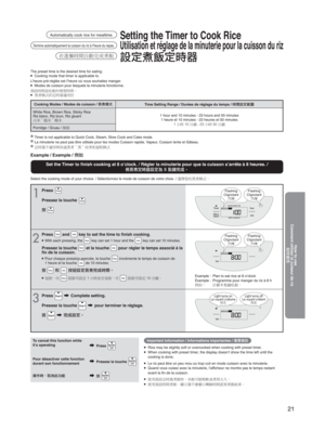 Page 2121
How to use
Comment utiliser le cuiseur de riz
éJ`ˆ
Important Information / Informations importantes /  M2K	ï
● Rice may be slightly soft or overcooked when cooking with preset timer.● When cooking with preset timer, the display doesn’t show the time left until the 
cooking is done.
ÏÇú
áÇ	È‡^XJ´tÞïY«¦X)
The preset time is the desired time for eating.● Cooking mode that timer is applicable to.
L’heure pré-réglée est l’heure où vous souhaitez manger\
.
● Modes de cuisson pour...