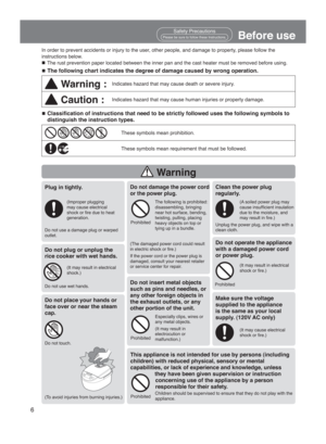 Page 66
Before use
n The following chart indicates the degree of damage caused by wrong opera\
tion.
Warning :Indicates hazard that may cause death or severe injury.
Caution :Indicates hazard that may cause human injuries or property damage.
In order to prevent accidents or injury to the user, other people, and damage to property, please follow the 
instructions below.
n  The rust prevention paper located between the inner pan and the cast hea\
ter must be removed before using.
n Classiﬁcation of instructions...