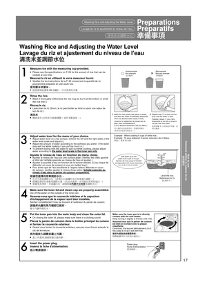 Page 1717
How to use
Comment utiliser le cuiseur de riz
如何使用
Washing Rice and Adjusting the Water Level
Lavage du riz et ajustement du niveau de l’eau
清洗米並調節水位
1
Measure rice with the measuring cup provided.● Please see the speci ﬁ cations on P. 26 for the amount of rice that can be 
cooked at one time.
Mesurez le riz en utilisant le verre mesureur fourni.● Veuillez lire les instructions de la P. 26 concernant la quantité de riz 
pouvant être préparée en une seule fois.
使用量米杯量米。●  查看規格書第 26 頁關於一次可蒸煮的米量
Good...