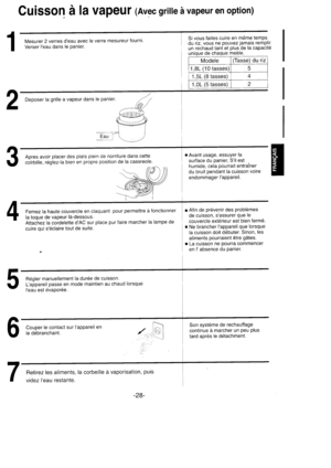 Page 29cuisson d la vapeuf (Avec grille a vapeur en option)
Mesurer 2 verres deau avec le verre mesureur fourni.
Verser leau dans le Panier.
Si vous faites cuire en m6me temps
du riz, vous ne pouvez jamais remplir
un rechaud tani et plus de la capacit6
unique de chaque medle.
Modele(Tasse) du riz
1 ,81 (10 tasses)
1,51 (8 tasses)4
1,01 (5 tasses)2
r Avant usage, essuyer la
surface du panier, Sil est
humide. cela pourrait entrainer
du bruit pendant la cuisson voire
endommager Iapparei..
r Afin de prevenir des...