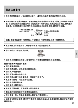 Page 2727
使用注意事項
■ 首次使用電飯鍋時，從內鍋取出飯勺、量杯及內鍋與電熱器之間的包裝紙。 
■  
確保內鍋正確放置於鍋體內。確保內鍋及加熱器外部保持清潔、乾燥。如果鍋未正確放
置，或在鍋表面和發熱盤之間存在任何異物，開關可能在烹煮完成之前彈出，發熱盤可
能損壞。如果發熱盤和鍋之間存在米飯或其他碎片等異物時，請勿使用裝置。
不得將內鍋擱置於加熱
器上方的壁架上。不得將內鍋擱置於鍋體的
邊緣上。
異物加熱器
■ 烹飪米飯之外的食物時，確保移除面蓋以防止食物溢出。
■ 請勿在明火上直接使用內鍋。
注 意：電 飯 煲 設 計 有 一 根 熱 熔 絲，可 在 發 生 任 何 異 常（如 上 所 述）時 關 閉 電 源 。
■ 請勿用力持續按住開關，或者使用任何物體按壓開關來防止其彈起。
■ 請勿撞擊或刮擦。
■ 請勿用清潔劑、硬毛刷或尼龍刷洗滌。 
■ 請勿用其碰撞硬物。
■ 請勿洗滌內鍋中的碟狀物。
■ 請勿洗滌內鍋中的金屬器具，例如飯勺與叉子。
■ 烹飪壽司飯時，內鍋中請勿加醋。
■ 請勿使用攪拌器洗米。 
■ 請勿使用金屬長柄杓。
■ 若使用了調味料，烹調後請立即洗滌內鍋。
■...