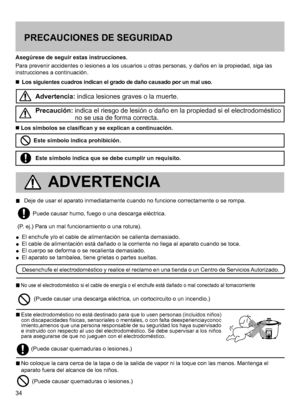 Page 3434
Asegúrese de seguir estas instrucciones.
Los siguientes cuadros indican el grado de daño causado por un mal us\
o.
Los símbolos se clasifican y se explican a continuación.
Este símbolo indica prohibición.
Este símbolo indica que se debe cumplir un requisito.
Para prevenir accidentes o lesiones a los usuarios u otras personas, y daños en la propiedad, siga las 
instrucciones a continuación.
Advertencia: indica lesiones graves o la muerte.
Precaución:  indica el riesgo de lesión o daño en la propiedad...