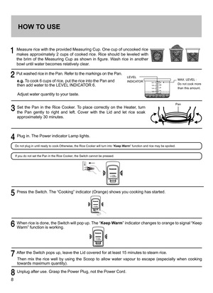 Page 88
     
Measure rice with the provided Measuring Cup. One cup of uncooked rice 
makes  approximately  2  cups  of  cooked  rice.  Rice  should  be  leveled  with 
the  brim  of  the  Measuring  Cup  as  shown  in  figure.  Wash  rice  in  another 
bowl until water becomes relatively clear.
  Put washed rice in the Pan. Refer to the markings on the Pan.
e.g. To cook 6 cups of rice, put the rice into the Pan and then add water to the LEVEL INDICATOR 6.
Adjust water quantity to your taste.
LEVEL...