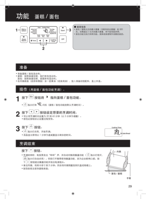 Page 2929
按下  按钮。
• 烹调结束时，电饭煲发出“哔哔”声，并自动切换到保温功能（        指示灯熄灭，
 指示灯自动点亮）。但我们不推荐使用保温功能，因为这会影响口感。按
下 
 按钮退出保温功能并拔出电源插头。
•  拿出内锅，将其冷却 2 到 3 分钟。然后将内锅倒置放到托盘或格栅上。
•  按您的想法装饰蛋糕表面。
准备
功能   蛋糕 / 面包
1
按下  按钮将  指向蛋糕 / 面包功能。  
•  指示灯和  闪烁（蛋糕 / 面包功能的默认烹调时间）。
2
按下   按钮设定想要的烹调时间。
• 可以将烹调时间设置为 20 到 65 分钟（以 5 分钟为增量）。
•  按住此按钮会让设置过程变快。
3
按下  按钮。
•  指示灯点亮，开始烹调。
•  液晶显示屏将以 1 分钟为递减量显示剩余的时间。
 
■重要信息•  面包 / 蛋糕允许的最大重量（含配料的总重量）是 500 
克。如果超过了允许的最大重量，将不能彻底烘烤。
•  面包功能仅执行烘烤功能。请参阅食谱制作发酵的面团。
操作（用蛋糕 / 面包功能烹调）。
烹调结束
• 准备蛋糕 / 面包混合料。
•...