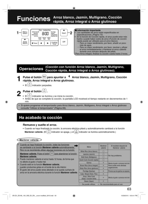 Page 6363
Funciones
Arroz blanco, Jazmín, Multigrano, Cocción 
rápida, Arroz integral o Arroz glutinoso
  