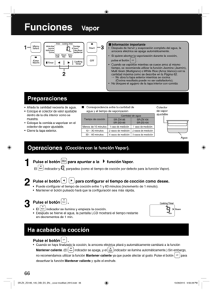 Page 6666
Pulse el botón  .
 Cuando se haya  nalizado la cocción, la arrocera eléctrica pitará y automáticamente cambiará a la función 
Mantener caliente. (El 
 indicador se apaga, y el  indicador se ilumina automáticamente.) Sin embargo, 
no recomendamos utilizar la función Mantener caliente ya que puede afectar al gusto. Pulse el botón 
 para 
desactivar la función Mantener caliente y quite el enchufe.
FuncionesVapor
  