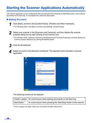 Page 1818
Starting the Scanner Applications Automatically
The scanner application can be configured to start automatically when pressing the Start/Stop button, and/or placing 
documents on the feed tray. To accomplish this, follow the steps below.
„Setting the event
1Click [Start], and then click [Control Panel] - [Printers and Other Hardware].
•For Windows 2000, click [Start], and then click [Setting] - [Control Panel].
2Select your scanner in the [Scanners and Cameras], and then display the scanner 
property...