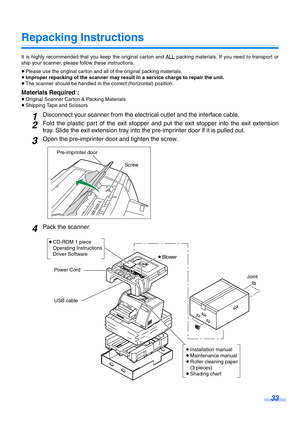 Page 3333
Repacking Instructions
It is highly recommended that you keep the original carton and ALL packing materials. If you need to transport or
ship your scanner, please follow these instructions.
≥Please use the original carton and all of the original packing materials.
≥Improper repacking of the scanner may result in a service charge to repair the unit.
≥The scanner should be handled in the correct (horizontal) position.
Materials Required :
≥Original Scanner Carton & Packing Materials
≥Shipping Tape and...