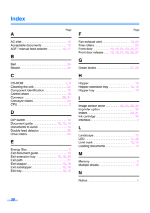 Page 3838
Pag e Pa ge
Index
A
AC inlet . . . . . . . . . . . . . . . . . . . . . . . . . . . 10
Acceptable documents . . . . . . . . . . . . . . .  13
ADF / manual feed selector  . . . . . . . .   10, 17
B
Belt . . . . . . . . . . . . . . . . . . . . . . . . . . . . . .  24
Blower . . . . . . . . . . . . . . . . . . . . . . . . . . . .  26
C
CD-ROM . . . . . . . . . . . . . . . . . . . . . . . . . 1,  9
Cleaning the unit . . . . . . . . . . . . . . . . . . . .  22
Component identification  . . . . . . . . . . ....