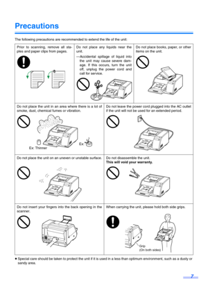 Page 77
Precautions
The following precautions are recommended to extend the life of the unit:
≥Special care should be taken to protect the unit if it is used in a less than optimum environment, such as a dusty or 
sandy area. Prior to scanning, remove all sta-
ples and paper clips from pages.Do not place any liquids near the
unit.
—Accidental spillage of liquid into
the unit may cause severe dam-
age. If this occurs, turn the unit
off, unplug the power cord and
call for service.Do not place books, paper, or...