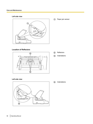 Page 56Left side view
Paper jam sensor
Location of Reflectors Reflectors
Indentations
Left side view Indentations
56 Operating Manual
Care and Maintenance11 11 12
13 12 13 14 14  