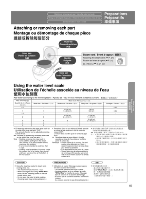 Page 15How to use
Avant utilisation 如何使用
15
   
PreparationsAttaching or removing each part / Using the water level scale
Outer lid
Inner pan Handle
Cord set
Attaching or removing each part
Steam vent / Event à vapeur / 噴氣孔
Attaching the steam vent (” P. 21)
Add water according to the following table. / Ajoutez de l’eau en vou\
s référant au tableau suivant. /  根據以下表格加水。
w Fill water by referencing the water level scale on 
the side of the inner pan with “CUP”. 
The amount of water can be adjusted according 
to...