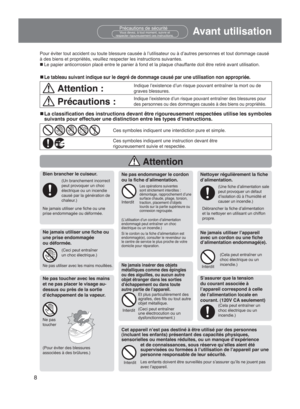 Page 8 Attention
8
Before use
Avant utilisationPrécautions de sécuritéVous devez, à tout moment, suivre et 
respecter rigoureusement ces instructions.
n Le tableau suivant indique sur le degré de dommage causé par une u\
tilisation non appropriée.
Attention :Indique l’existence d’un risque pouvant entraîner la mort ou de\
 
graves blessures.
Précautions :Indique l’existence d’un risque pouvant entraîner des blessures\
 pour 
des personnes ou des dommages causés à des biens ou propriété\
s.
Pour éviter tout...