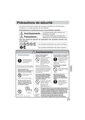 Page 2121
Français
Ces symboles représentent des actions interdites.
Ces symboles représentent des actions requises.
Avertissements :Ce symbole signi e [peut entraîner des 
blessures ou la mort].
Précautions :Ce symbole signi e [peut entraîner des 
blessures ou un mauvais fonctionnement].
Ce manuel d’instructions contient des consignes d’utilisation et des précautions 
d’emploi pour un usage approprié de votre appareil.
Avertissements et précautions pour une protection optimale
Précautions de sécurité
Pour...