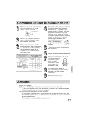 Page 2525
Français
Comment utiliser le cuiseur de riz
Mesurez le riz avec le verre mesureur 
fourni. Un verre de riz cru donne 
environ 3 verres de riz cuit.
Verre mesureurRiz
Bol
Rincez le riz à plusieurs reprises et
dans un bol distinct jusqu’à ce que
l’eau devienne assez claire.
Versez le riz rincé dans le bac de
cuisson et ajoutez l’eau conformément
aux doses indiquées dans le tableau ou
sur l’emballage du paquet de riz 
(exemple : le riz complet nécessite 
davantage d’eau).
Essuyez la surface externe et...